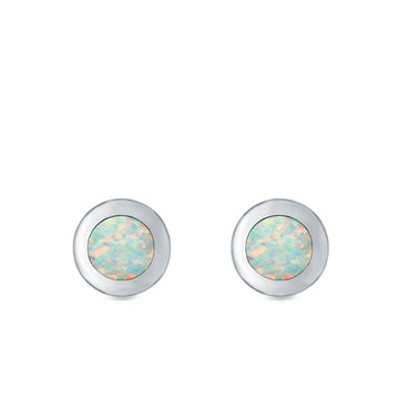 Round Button Half Ball Stud Earrings Lab Created White Opal 925 Sterling Silver (5.8mm)